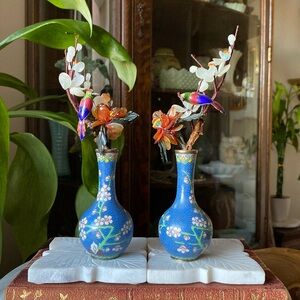 Vintage Pair of Cloisonné Jade + Semiprecious Stones Botanical Bird Vases
